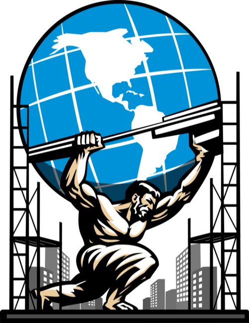 The Myco Scaffold Inc. Logo. A man holding up scaffolding and the globe.